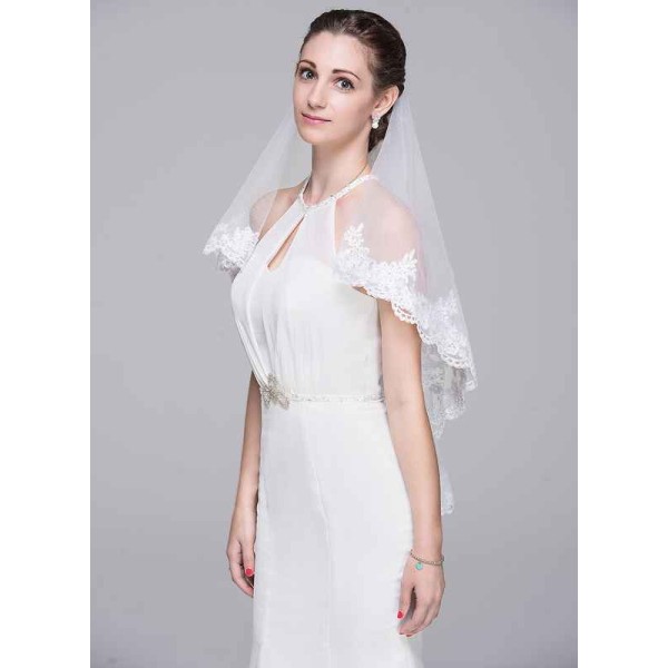 Two-tier Lace Applique Edge Elbow Bridal Veils With Lace