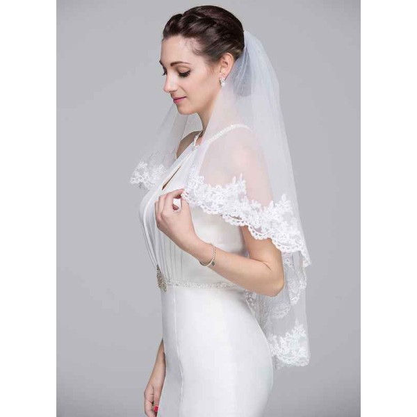 Two-tier Lace Applique Edge Elbow Bridal Veils With Lace