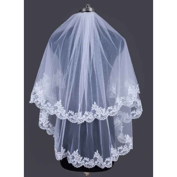 Two-tier Lace Applique Edge Elbow Bridal Veils With Lace