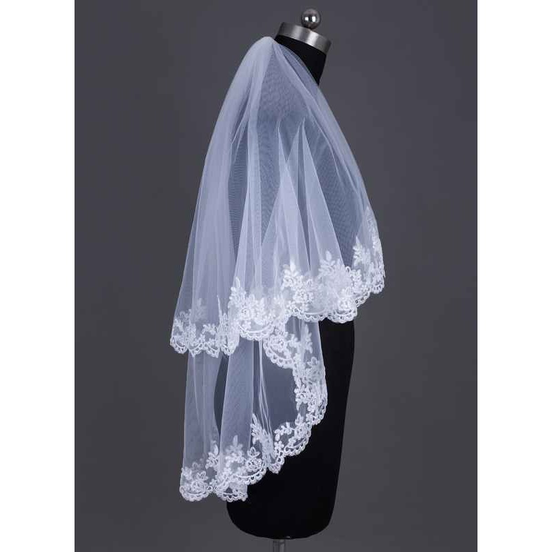 Two-tier Lace Applique Edge Elbow Bridal Veils With Lace