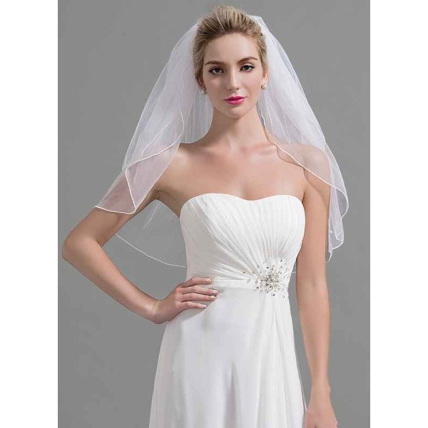 Two-tier Cut Edge Elbow Bridal Veils With Faux Pearl