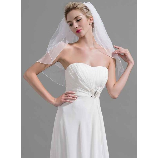 Two-tier Cut Edge Elbow Bridal Veils With Faux Pearl